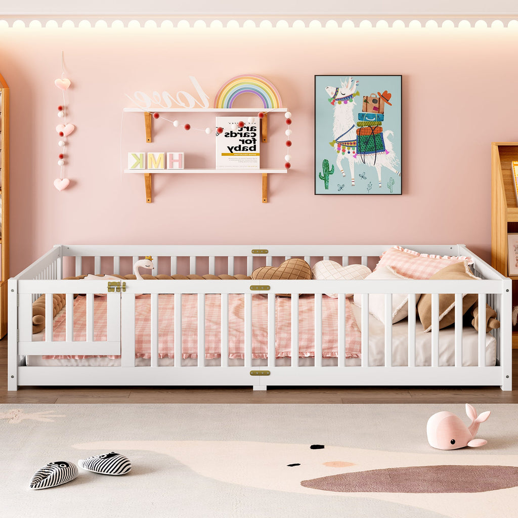 Queen Size Bed Floor Bed with Safety Guardrails and Door for Kids, White(Old SKU:  W1580P154628 )