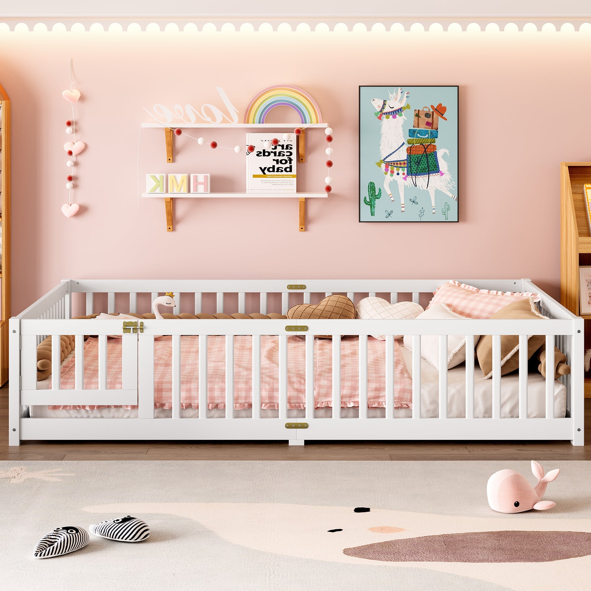 Queen Size Bed Floor Bed with Safety Guardrails and Door for Kids, White(Old SKU:  W1580P154628 )