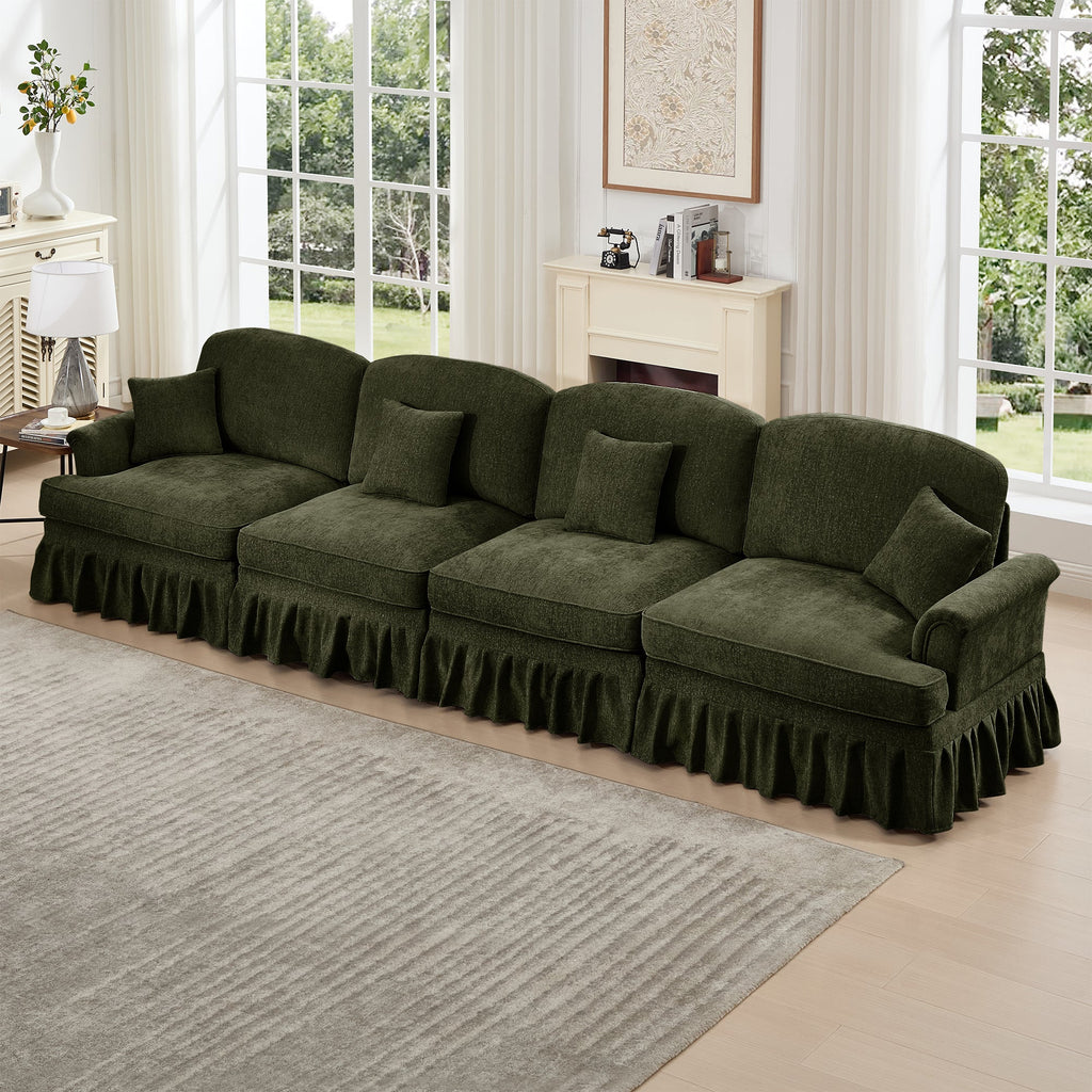 Elegant Mid Century Large 4 Seater Sofa Couch with Flared Arms and Removable Ruffles Pleats Skirts and Spindle Legs, Comfy Chenille Four-Seat Sofa for Living Room, Green