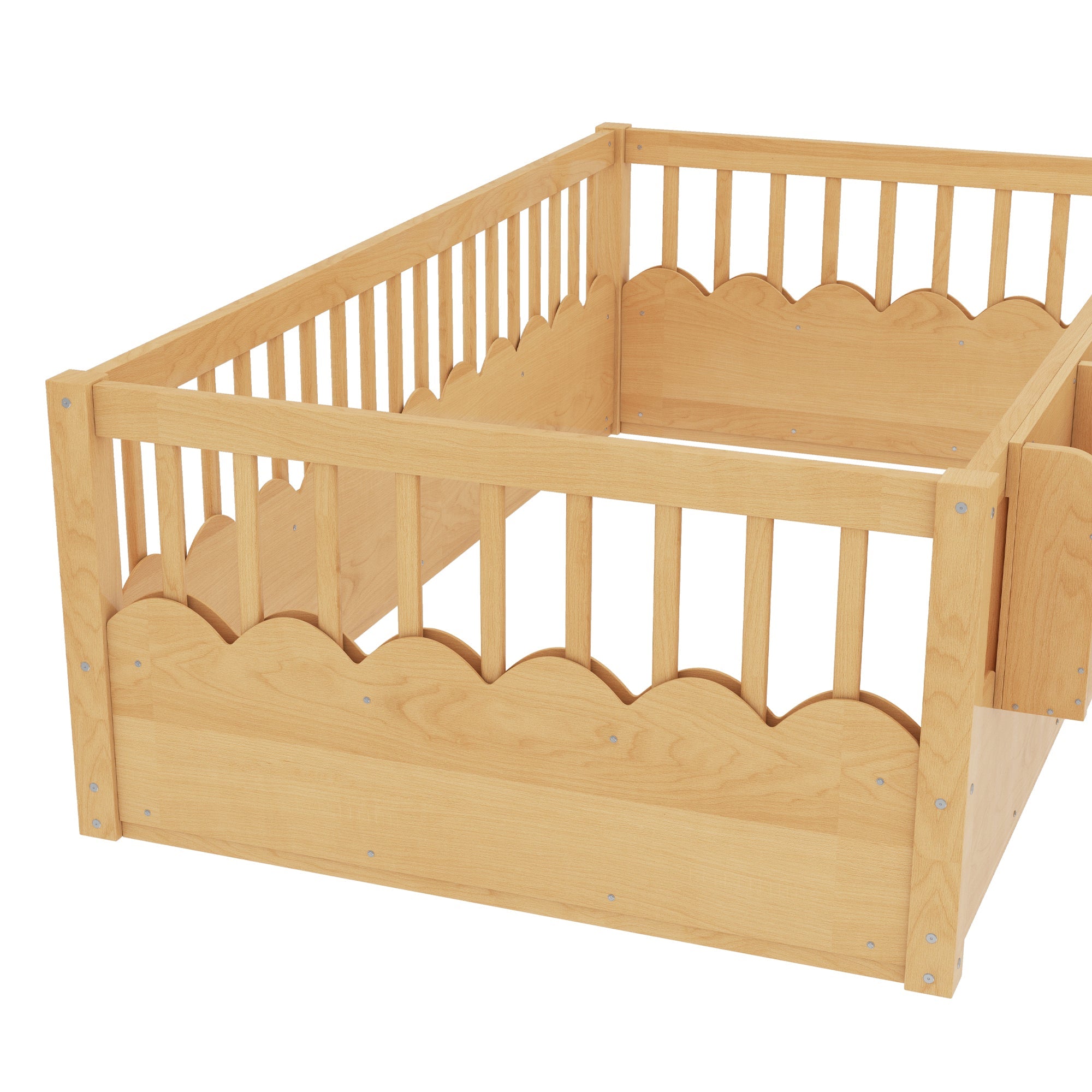 Twin Floor bed with Heightened Fence and bookshelf ,Wood Floor Bed for Kids, Natural.