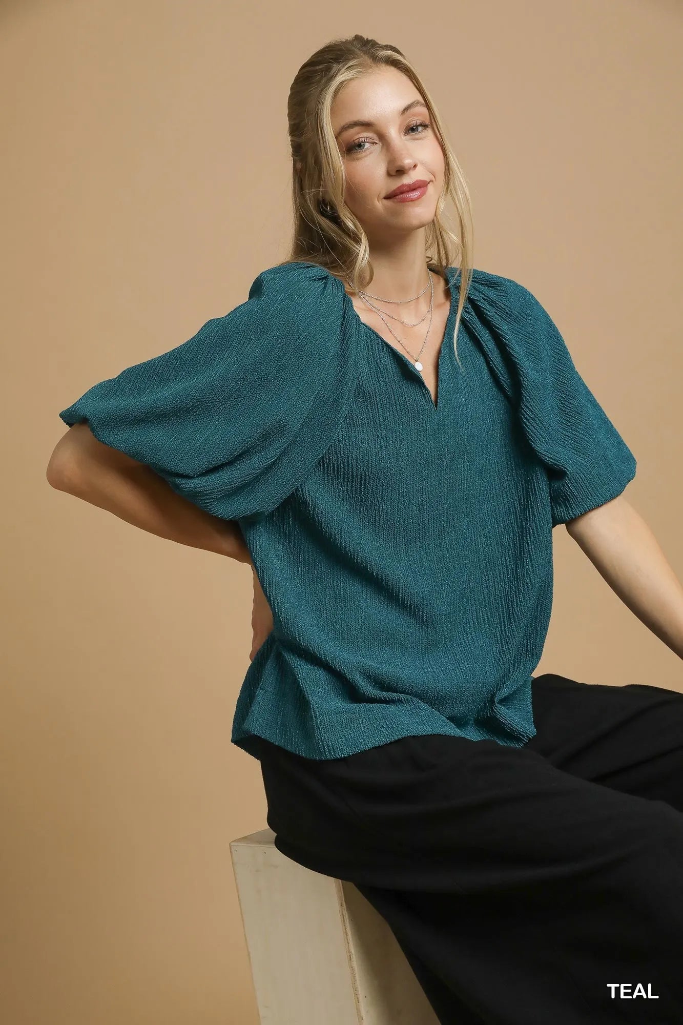 Umgee Textured Flutter Sleeve Notch Neck Top