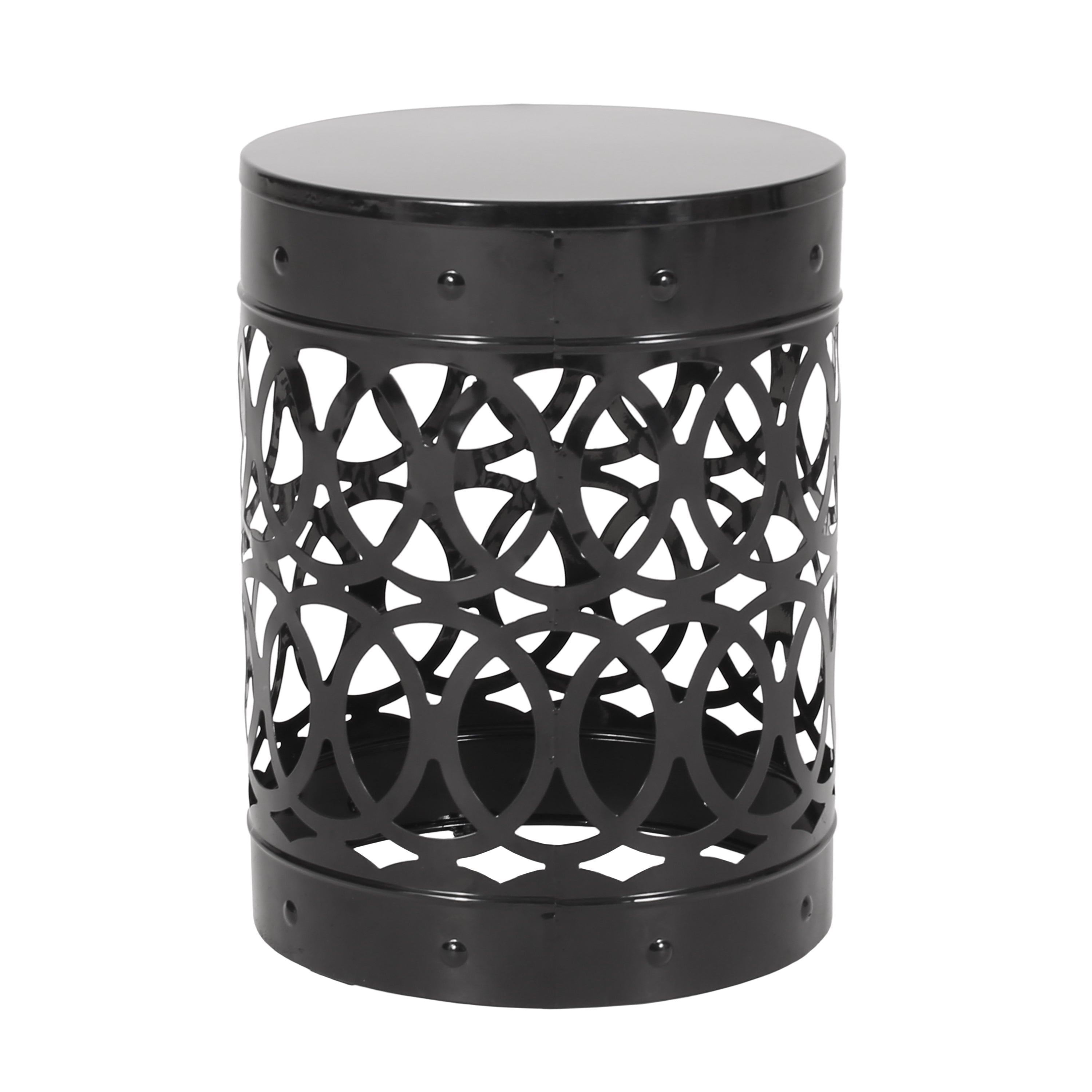 Modern Outdoor Metal End Table with Iron Cut Design in Black, Large Size
