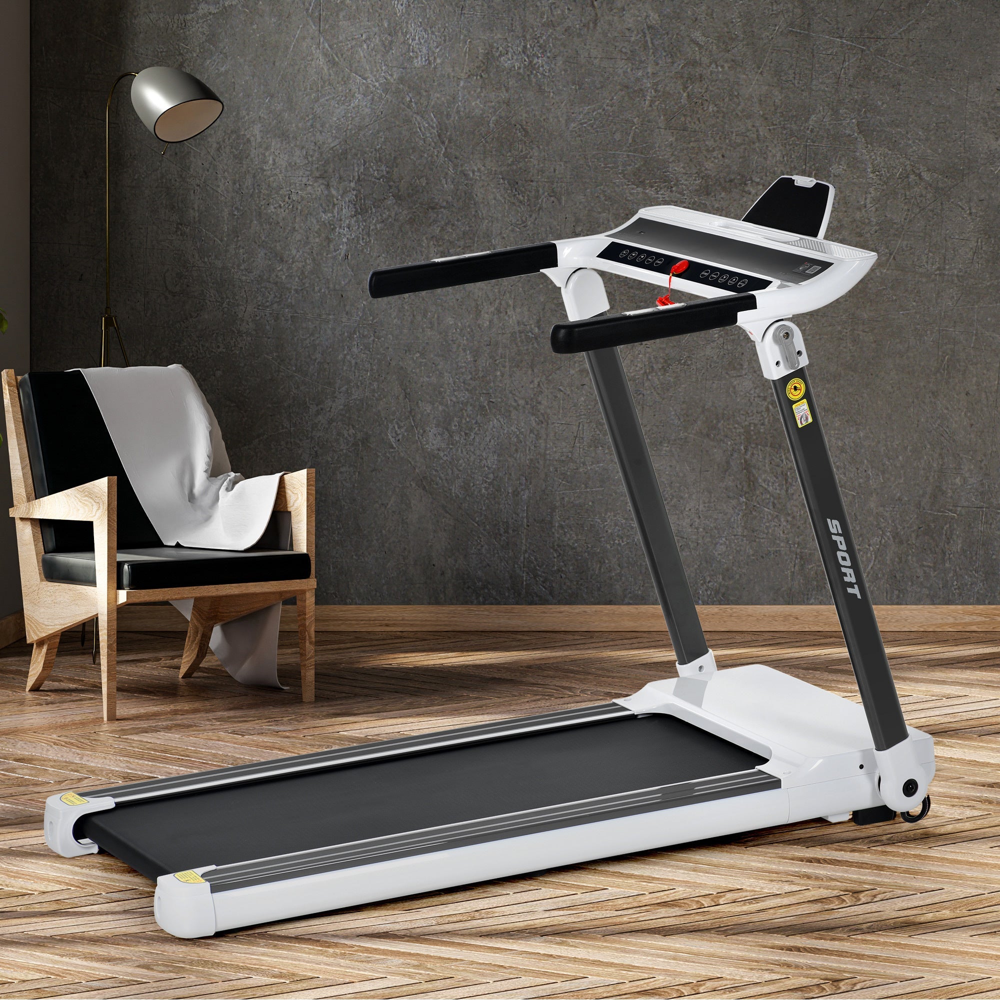 FITIME Portable Compact Treadmill with Electric Motorized 3.5HP, Bluetooth Speaker, White Metal, Medium Size