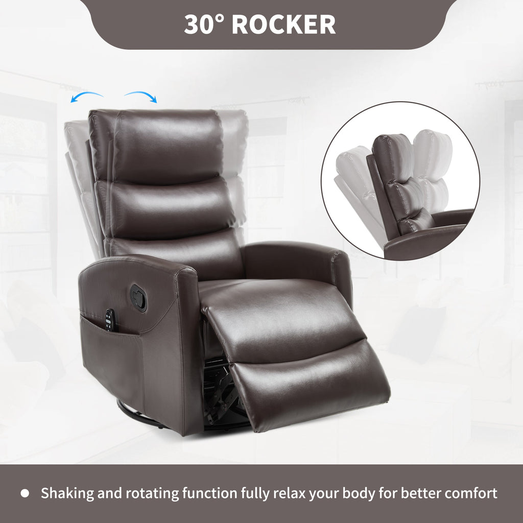 Heat Massage Manual Recliner Chair with Rocker and Swivel in Fabric for Living Room, Brown