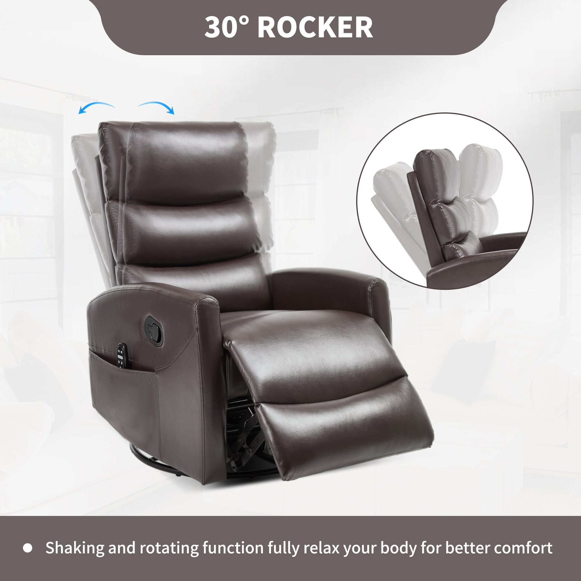 Heat Massage Manual Recliner Chair with Rocker and Swivel in Fabric for Living Room, Brown