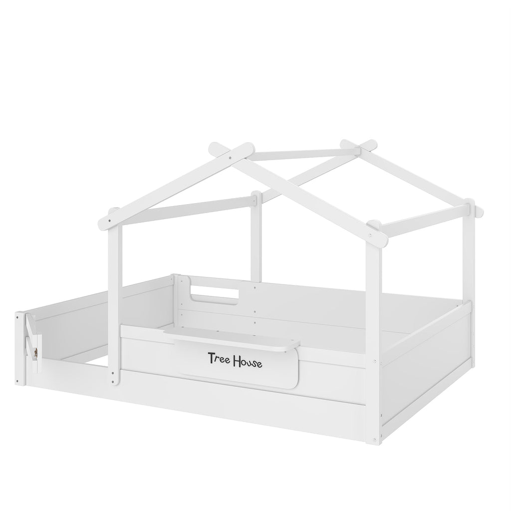 Queen Size Floor Bed with Guardrails and Roof, Kids House Floor Bed with a Small Built-in Tray and Free-installed Signboard, Childlike Design, White