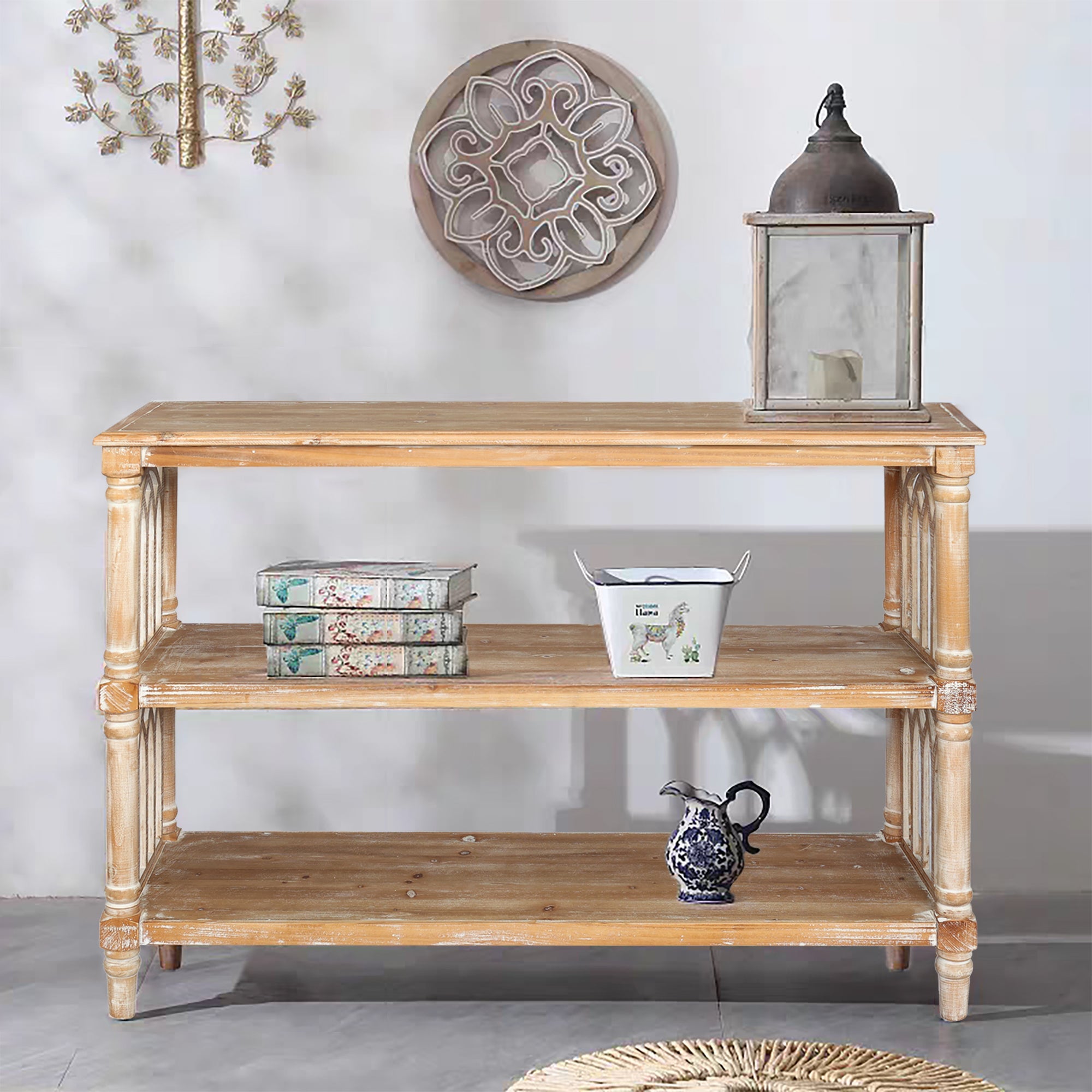 Rustic 3 - Tier Console Table with Gothic - Inspired Details, 47.24' Long Wooden Entryway Table for Living Room and Hallway