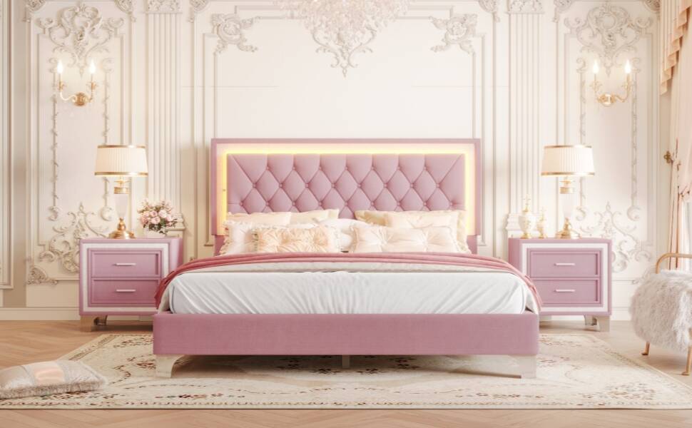 3-Pieces Bedroom Sets,Queen Size Upholstered Platform Bed with LED Lights and Two Nightstands-Pink
