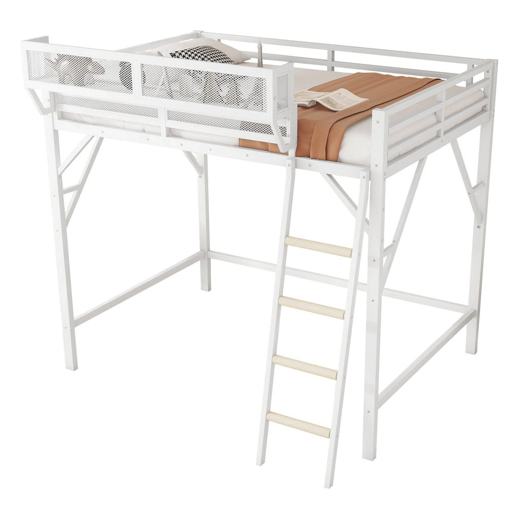Queen Size Loft Bed with Ladder, Metal Queen Loft Bed with Storage Shelves, High Loft Bed for Kids Teens, White(Expect Arrival Date 2025/12/3  Old SKU W2580P351278)