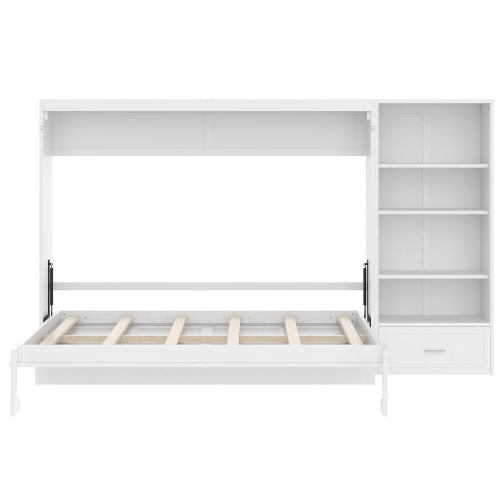 Queen Size Murphy Bed with Height Adjustable Storage Compartments and Shelf, Wall Bed Frame With 1 Drawer, Multifunctional Foldable Platform Bed for Small Space,Bedroom,Guest Room, White