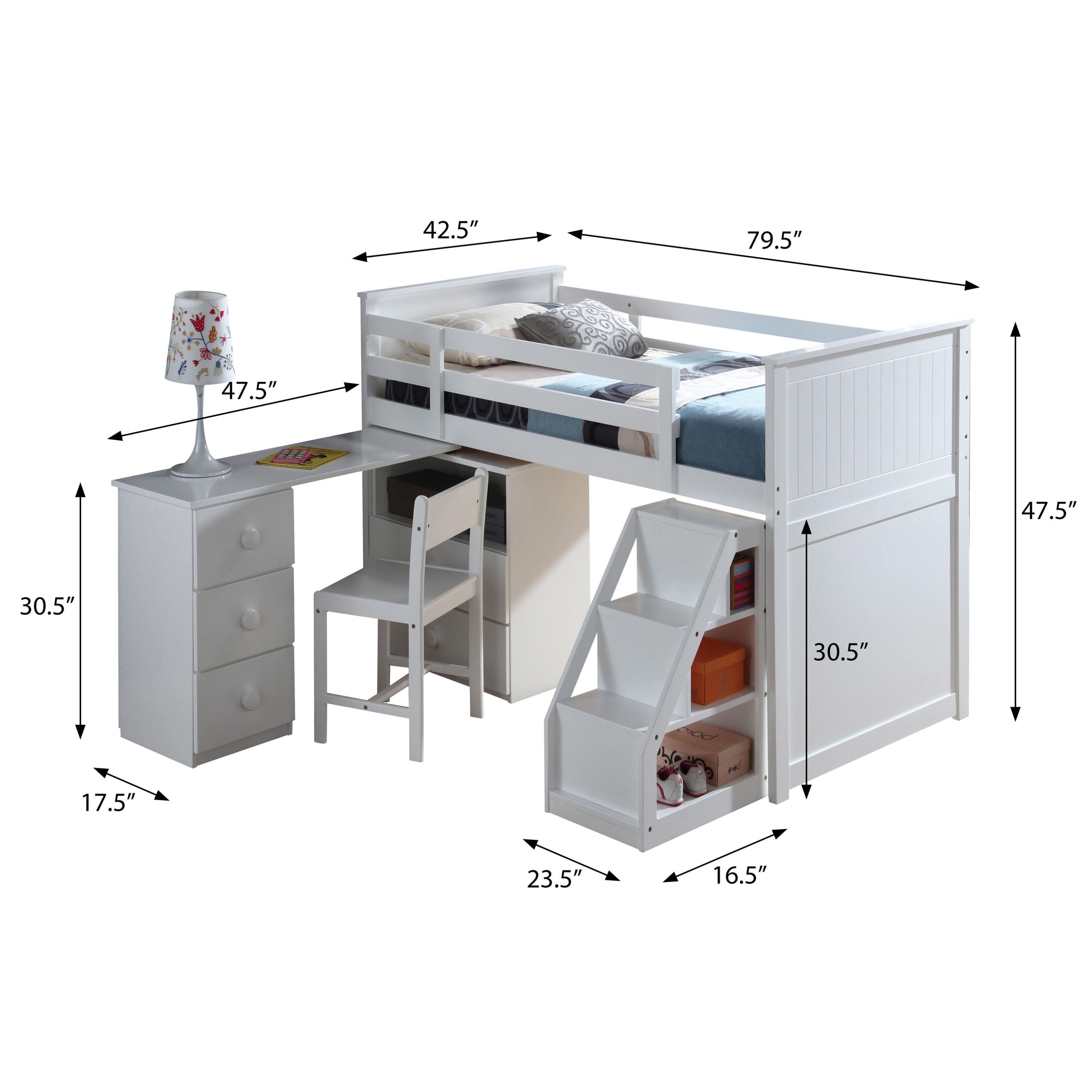 White Twin Loft Bed with Built-in Desk and Chest