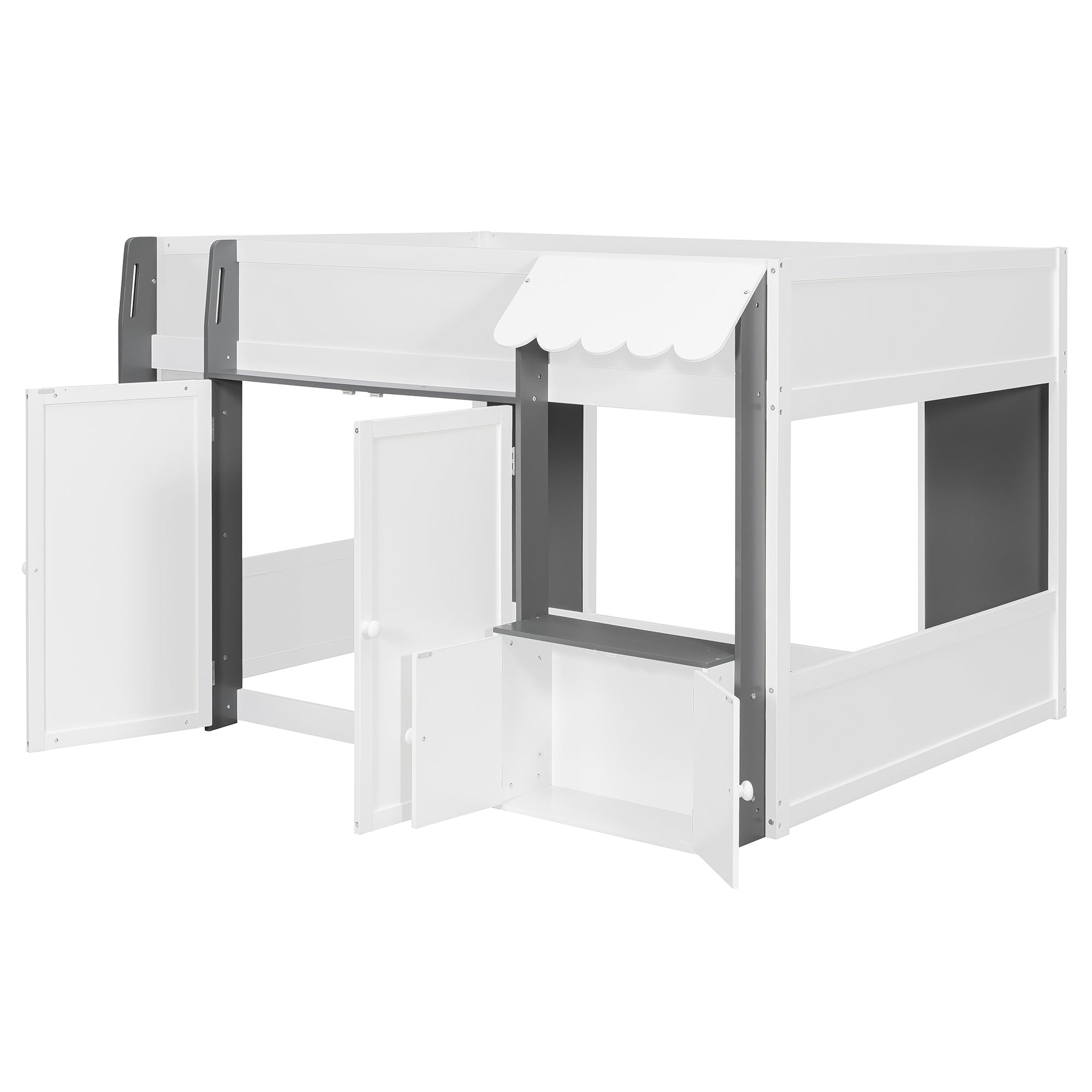 Full Loft House Bed with Playhouse & Storage, Modern Wood Cabin Bed for Kids/Teens, White+Gray