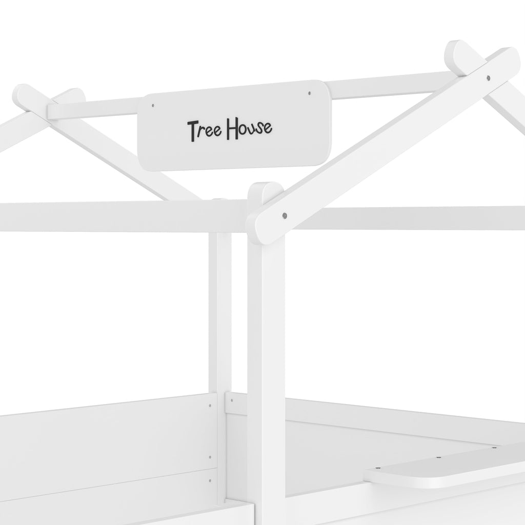 Full Size Floor Bed with Guardrails and Roof, Kids House Floor Bed with a Small Built-in Tray and Free-installed Signboard, Childlike Design, White
