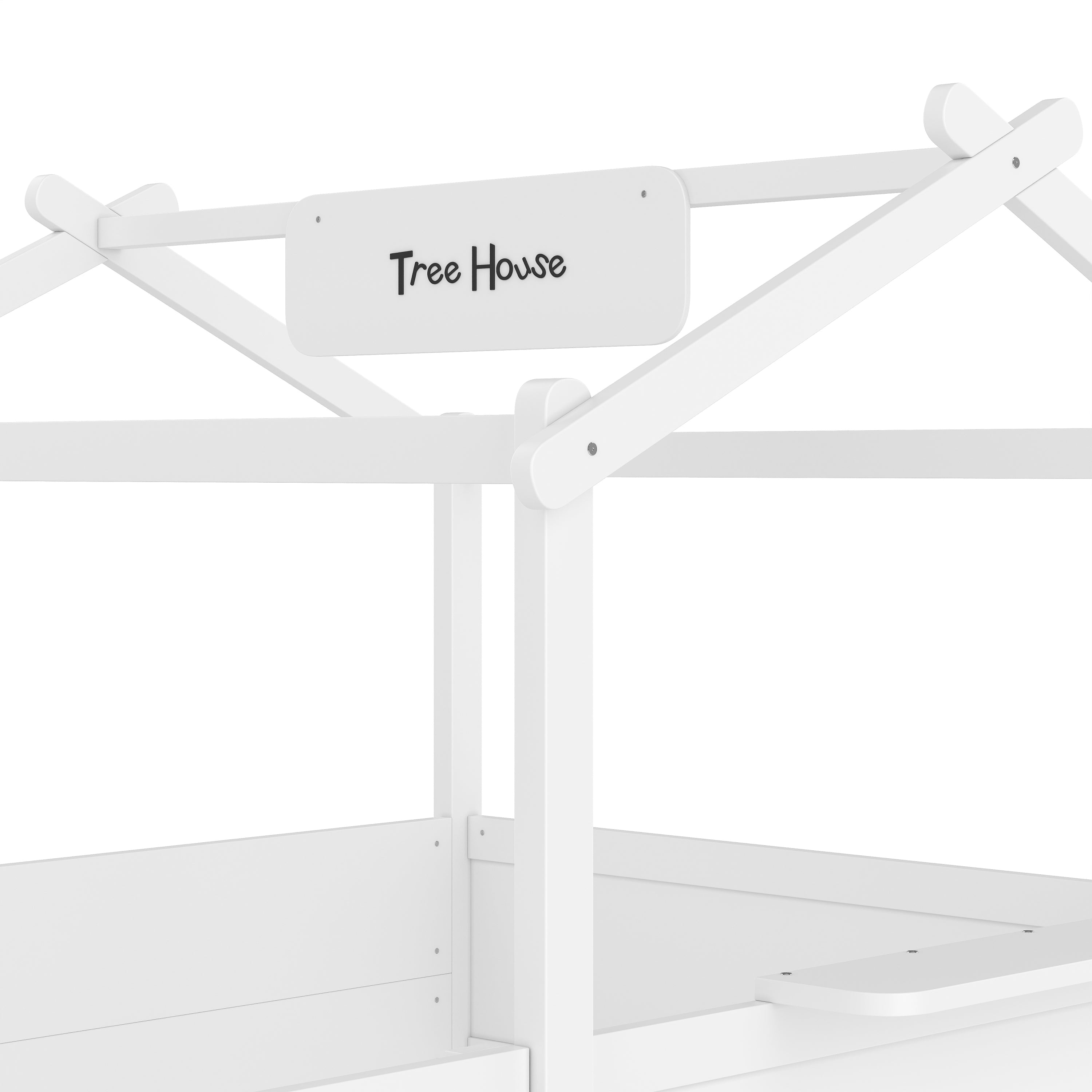 Full Size Floor Bed with Guardrails and Roof, Kids House Floor Bed with a Small Built-in Tray and Free-installed Signboard, Childlike Design, White