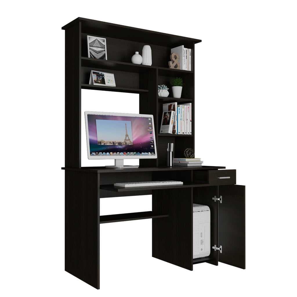 Compu Hutch Desk, Keyboard Tray, Door Panel For CPU, Multiple Shelves, One Drawer, Black