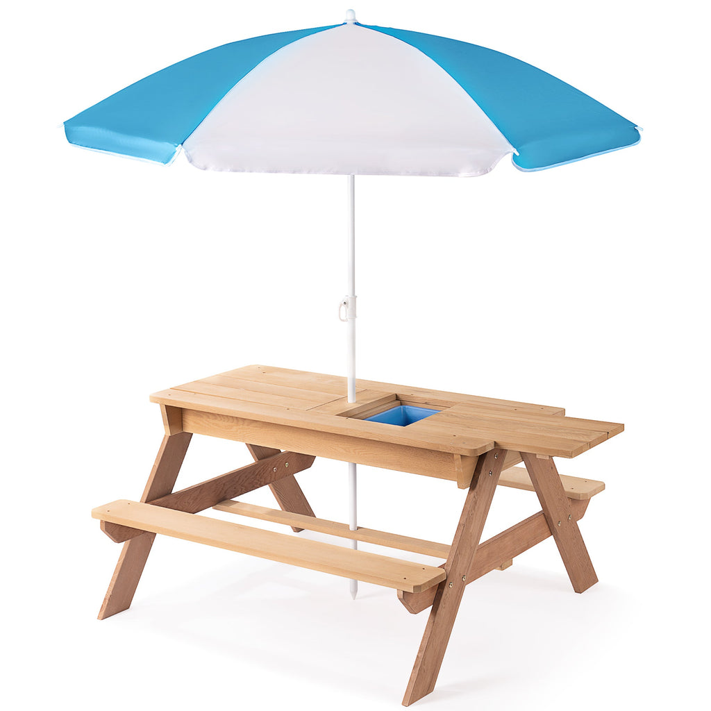 D-road 3-in-1 Kids Outdoor Wooden Picnic Table with Adjustable Umbrella and Convertible Sand & Water Activity, Gray, Solid Cedar Wood