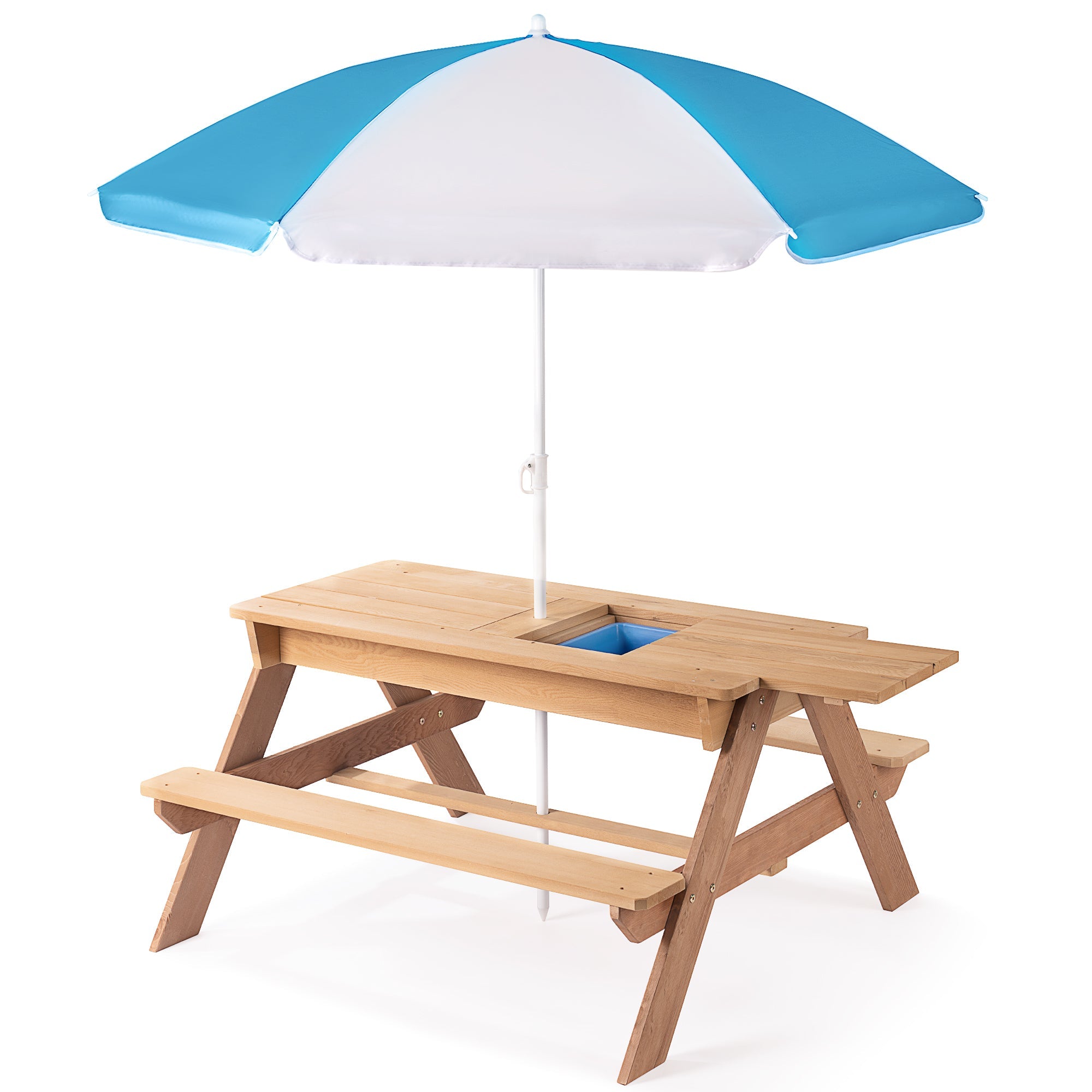 D-road 3-in-1 Kids Outdoor Wooden Picnic Table with Adjustable Umbrella and Convertible Sand & Water Activity, Gray, Solid Cedar Wood