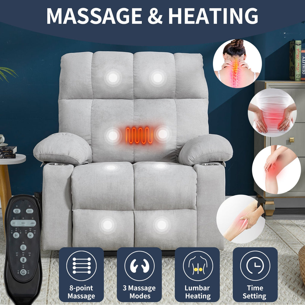 Beige Dual Motor Infinite Position Up to 350 LBS Chenille Power Lift Recliner Chair, Heavy Duty Motion Mechanism with 8-Point Vibration Massage and Lumbar Heating, Dual Cup Holders