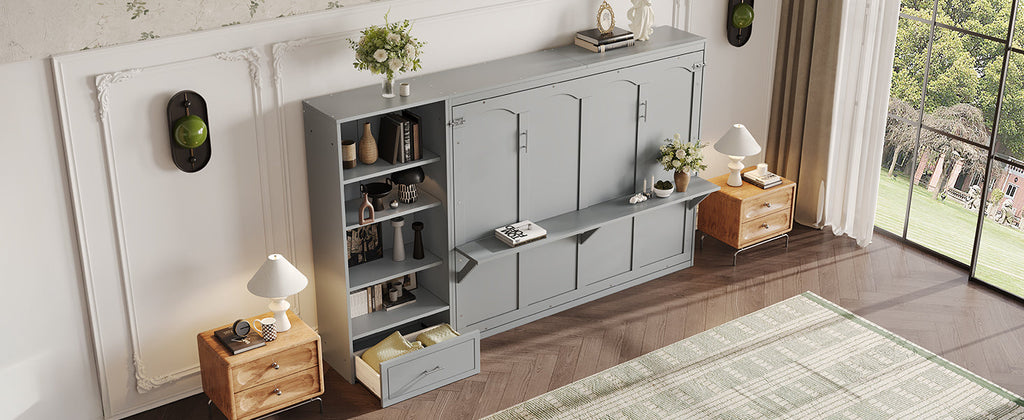 Queen Size Murphy Bed with Height Adjustable Storage Compartments and Shelf, Wall Bed Frame With 1 Drawer, Multifunctional Foldable Platform Bed for Small Space,Bedroom,Guest Room, Gray