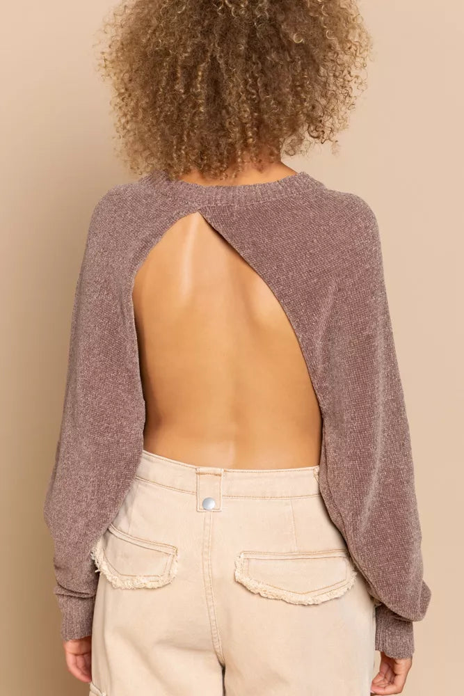 POL Round Neck Backless Sweater with Ribbed Edge