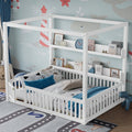 Full Size Canopy Bed with Guardrails, Solid Wood Floor Bed with Shelves, Montessori Floor Bed Frame for Kids, Boys, Girls, No Spring Box Needed, White