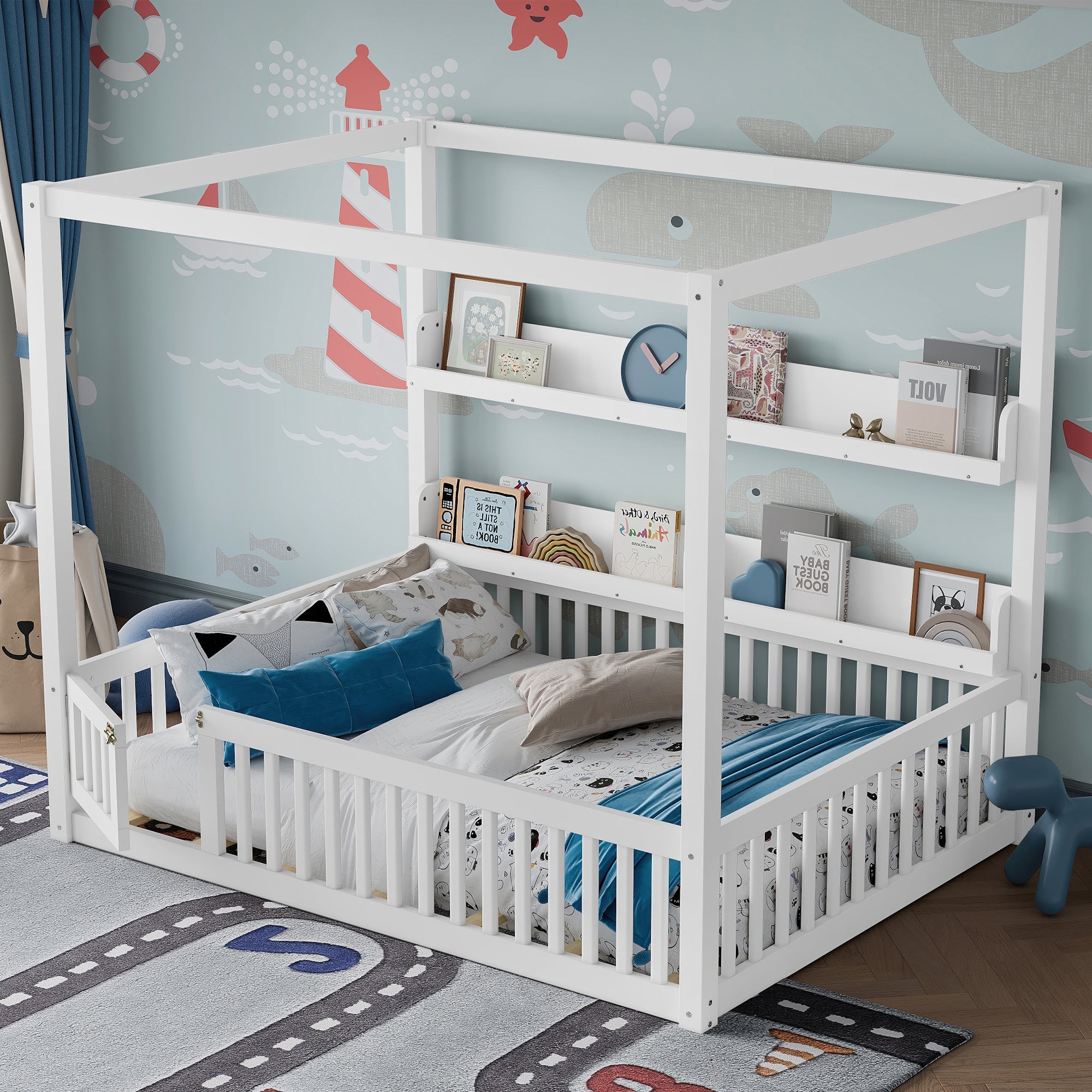 Full Size Canopy Bed with Guardrails, Solid Wood Floor Bed with Shelves, Montessori Floor Bed Frame for Kids, Boys, Girls, No Spring Box Needed, White
