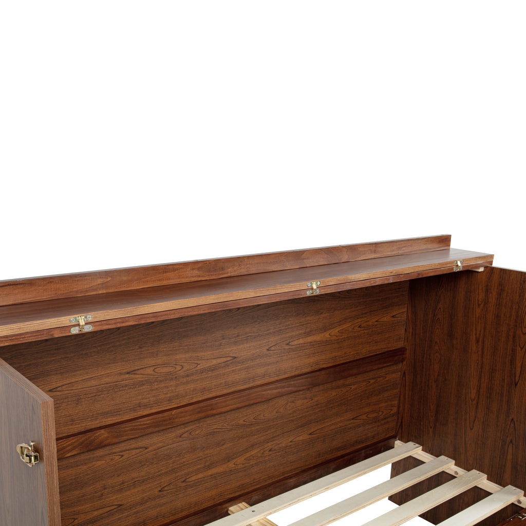 Queen Size Murphy Bed, Pine Wood Cabinet Bed with Power Station and Rattan Decoration Panel,Walnut