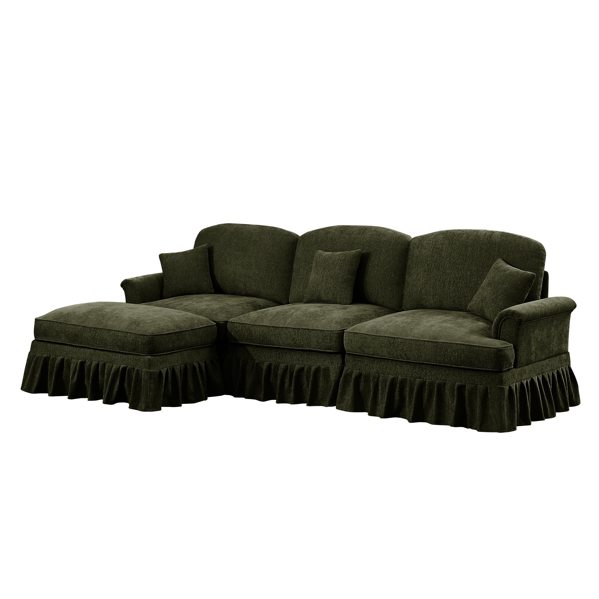 Mid Century Three Seater Modular L Shaped Sectional Couch with Flared Arms and Removable Ruffles Pleats Skirts and Spindle Legs, Comfy Chenille 3-Seat Deep Seat Sofa with Movable Ottoman,Green