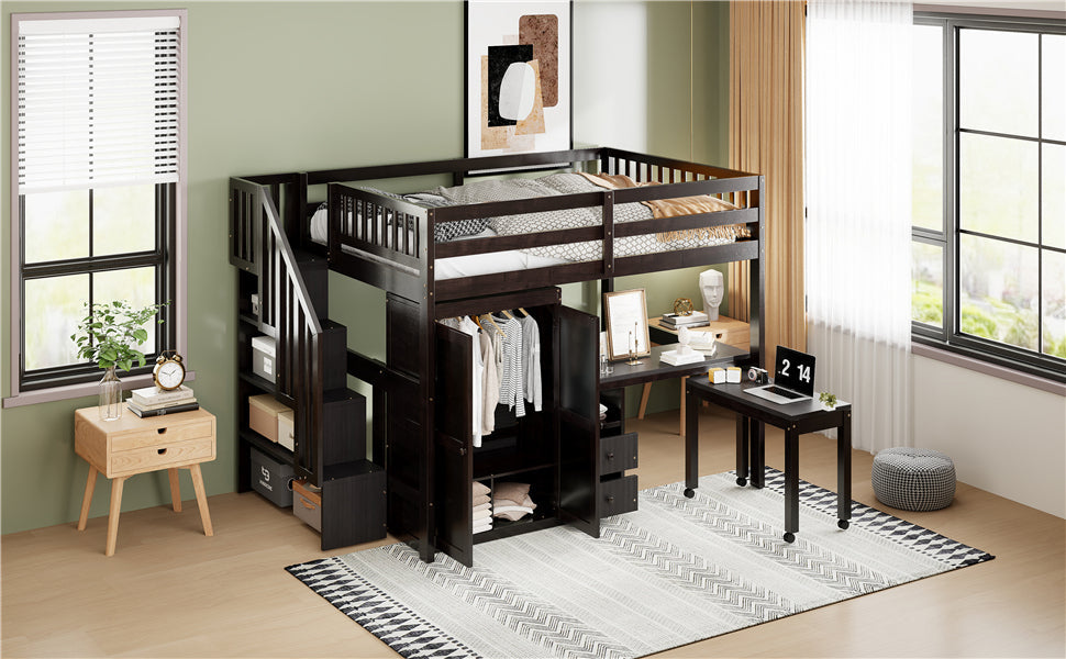 Full Size Loft Bed with Stairs, Bookshelf, Drawers, Desk & Wardrobe – Space-Saving Multifunctional Furniture for Kids & Teens-Espresso