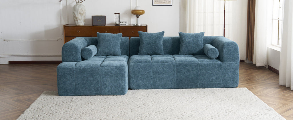 Modern Modular Sofa with Deep Seating, Two Side Pockets, and Plush Pillows in Blue Chenille Fabric, 101.2'
