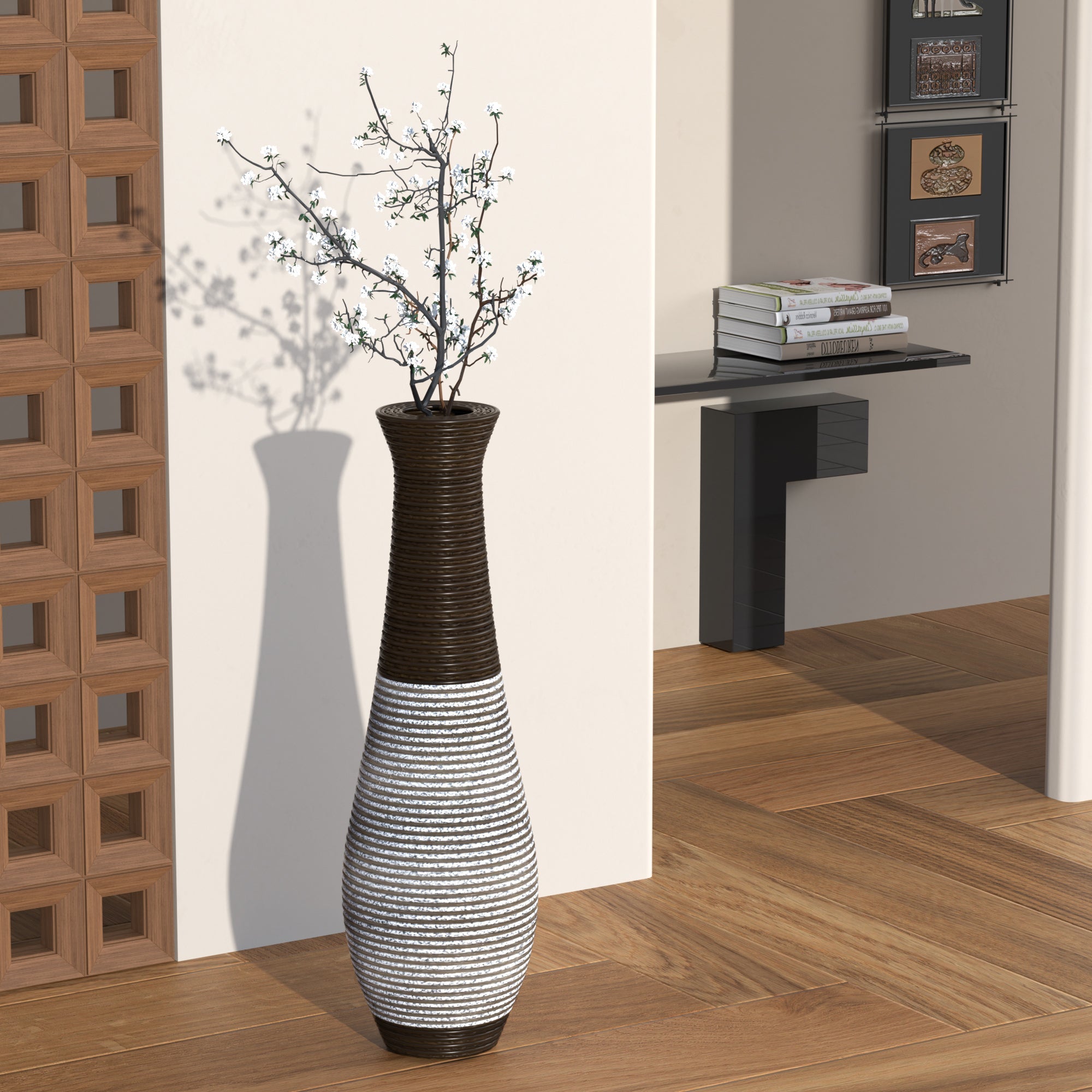 39-Inch Tall Standing Designer Floor Vase - Durable Artificial Rattan - Elegant Two-Tone Dark Brown Finish - Ideal Decor Accent for Living Room, Bedroom, Entryway - Stylish Home Decor Statement Piece