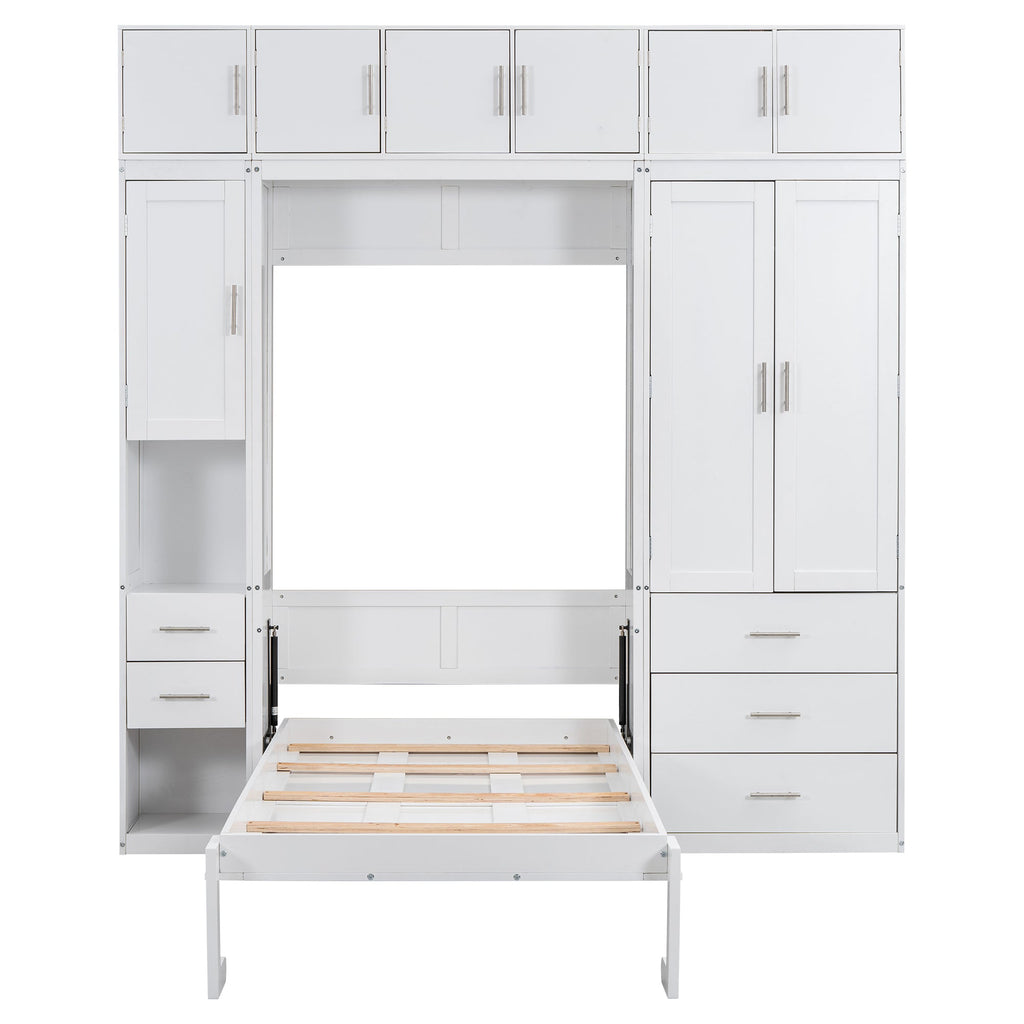 White Twin Size Murphy Bed with Lockers and Wardrobes, MDF+Pine, 93.2''L x 15.7''W x 99''H