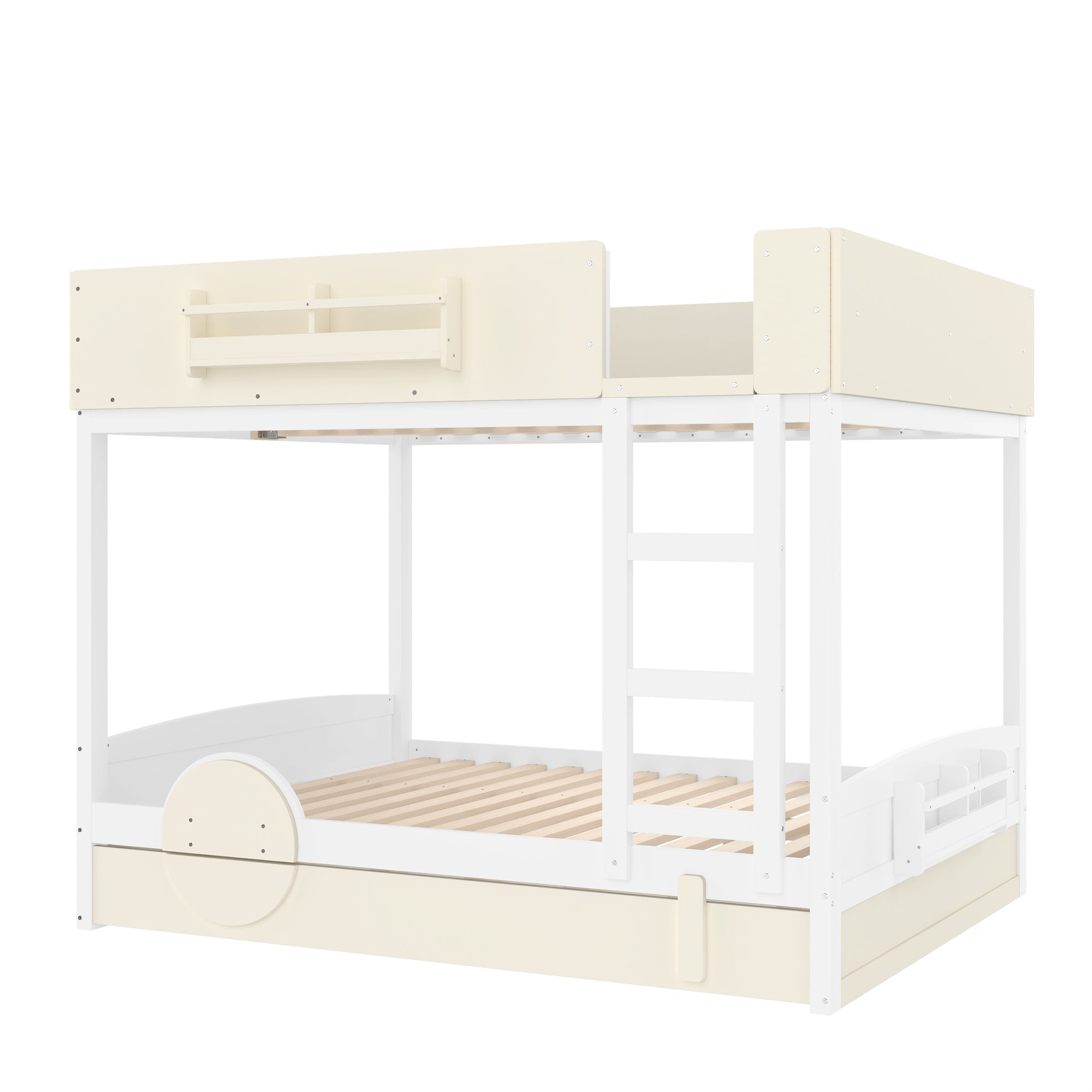 Queen Bunk Bed with Trundle , Wood Bunk Bed Frame with Built-in Bookshelf and High-quality Safety Guardrail,Automobile Form Design for Kids ,White＆ Beige.