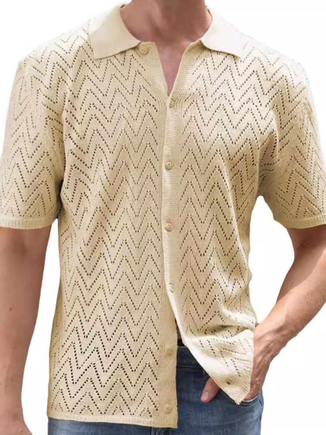 Openwork Button Down Short Sleeve Shirt