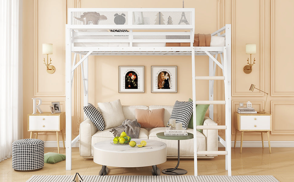 Queen Size Loft Bed with Ladder, Metal Queen Loft Bed with Storage Shelves, High Loft Bed for Kids Teens, White(Expect Arrival Date 2025/12/3  Old SKU W2580P351278)