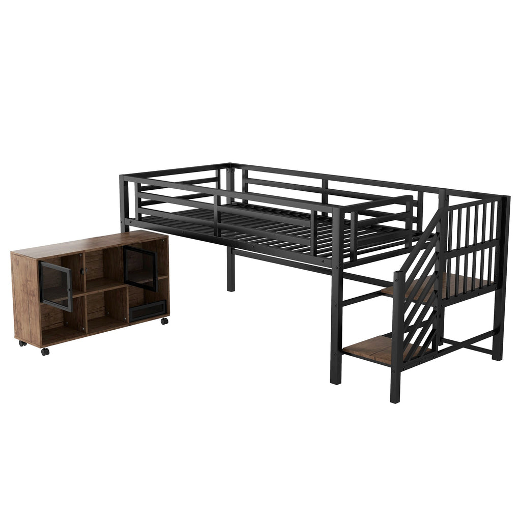 Twin Metal Loft Bed with Storage Cubby, Low Metal Loft Bed with Stairs for Kids, Black, Expect Arrival Date 2025/11/10