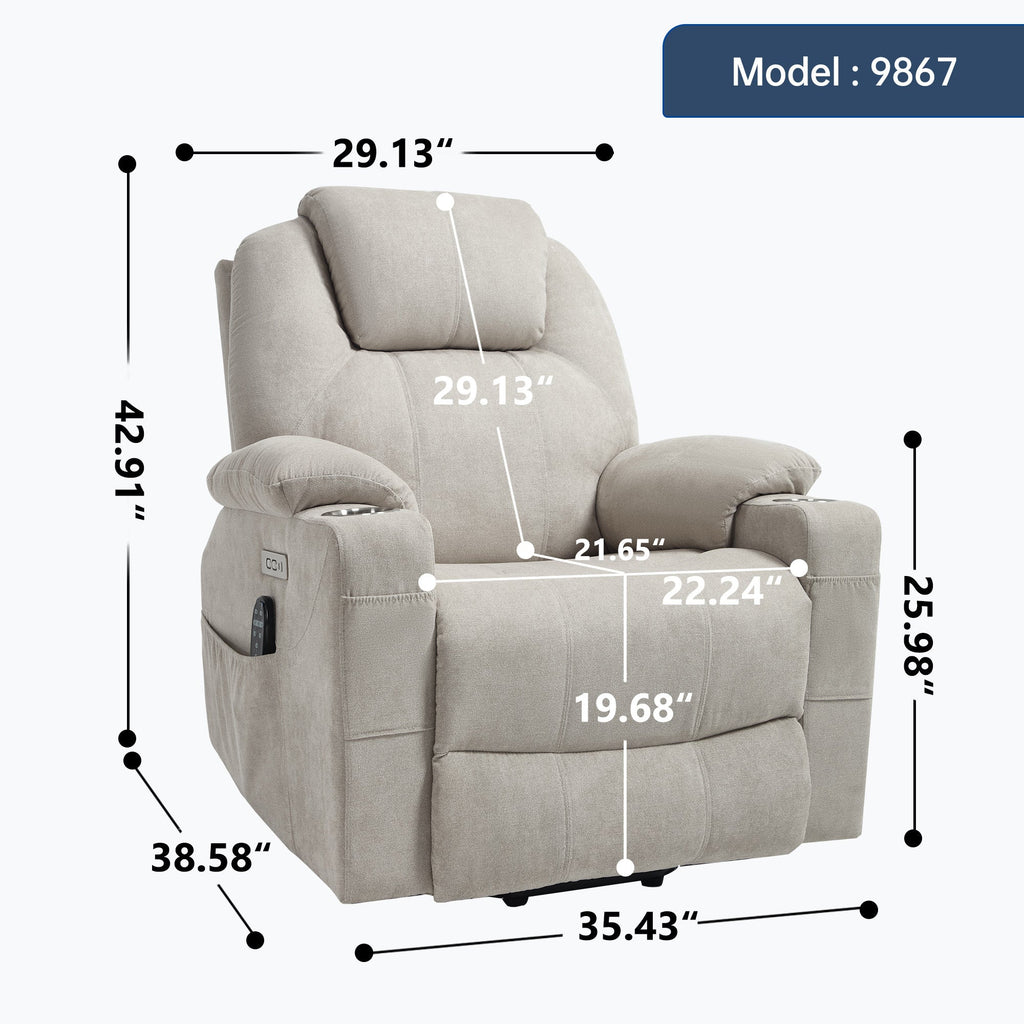 Up to 350 LBS polyester Power Lift Recliner Chair, Heavy Duty Motion Mechanism with 8-Point Vibration Massage and Lumbar Heating, USB and Type-C Ports, Stainless Steel Cup Holders, Beige