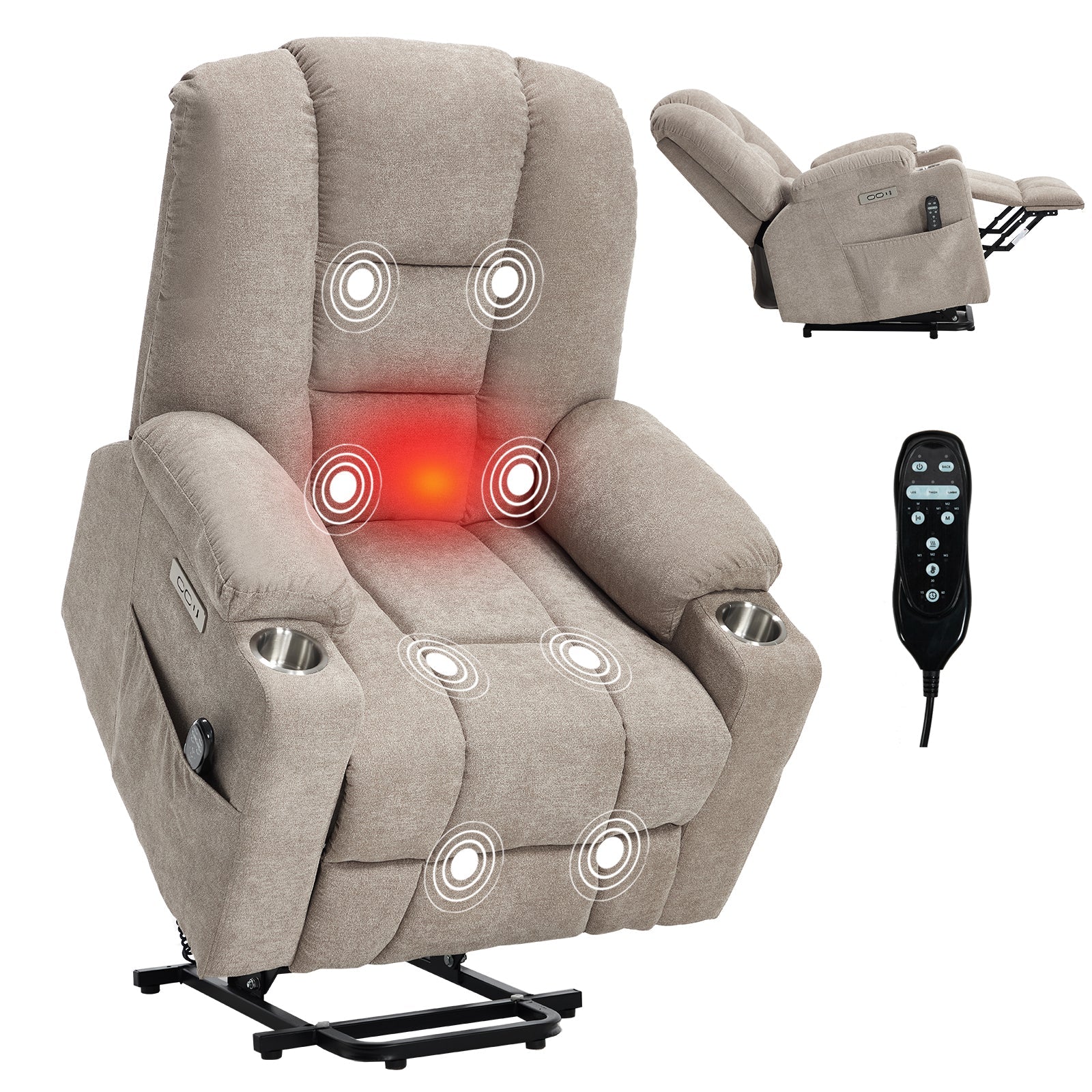 Power Lift Recliner Chair with Massage and Heat for Elderly, Overstuffed Wide Recliners, Heavy Duty Motion Mechanism with USB and Type C Ports, 2 Steel Cup Holders, Khaki