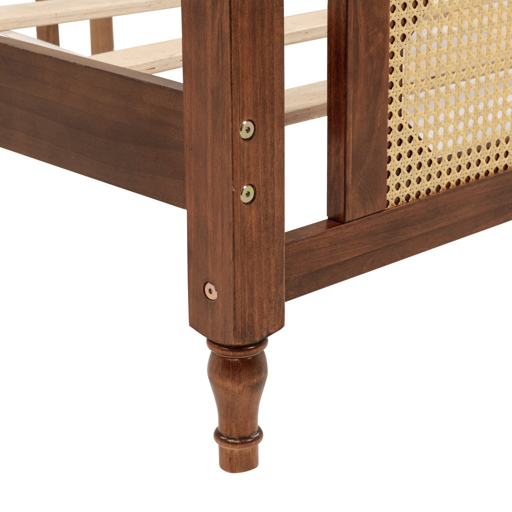 King Pine wooden Bed with Rattan Headboard  and Footboard, with  Central Enhanced Bed Platform,Walnut