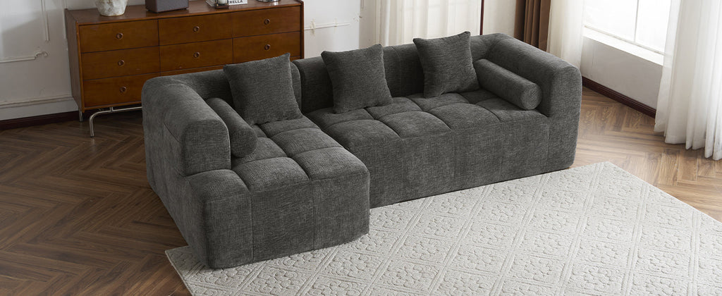 Modern Grey Modular Sectional Sofa with Deep Seating and Side Pockets in Chenille Fabric