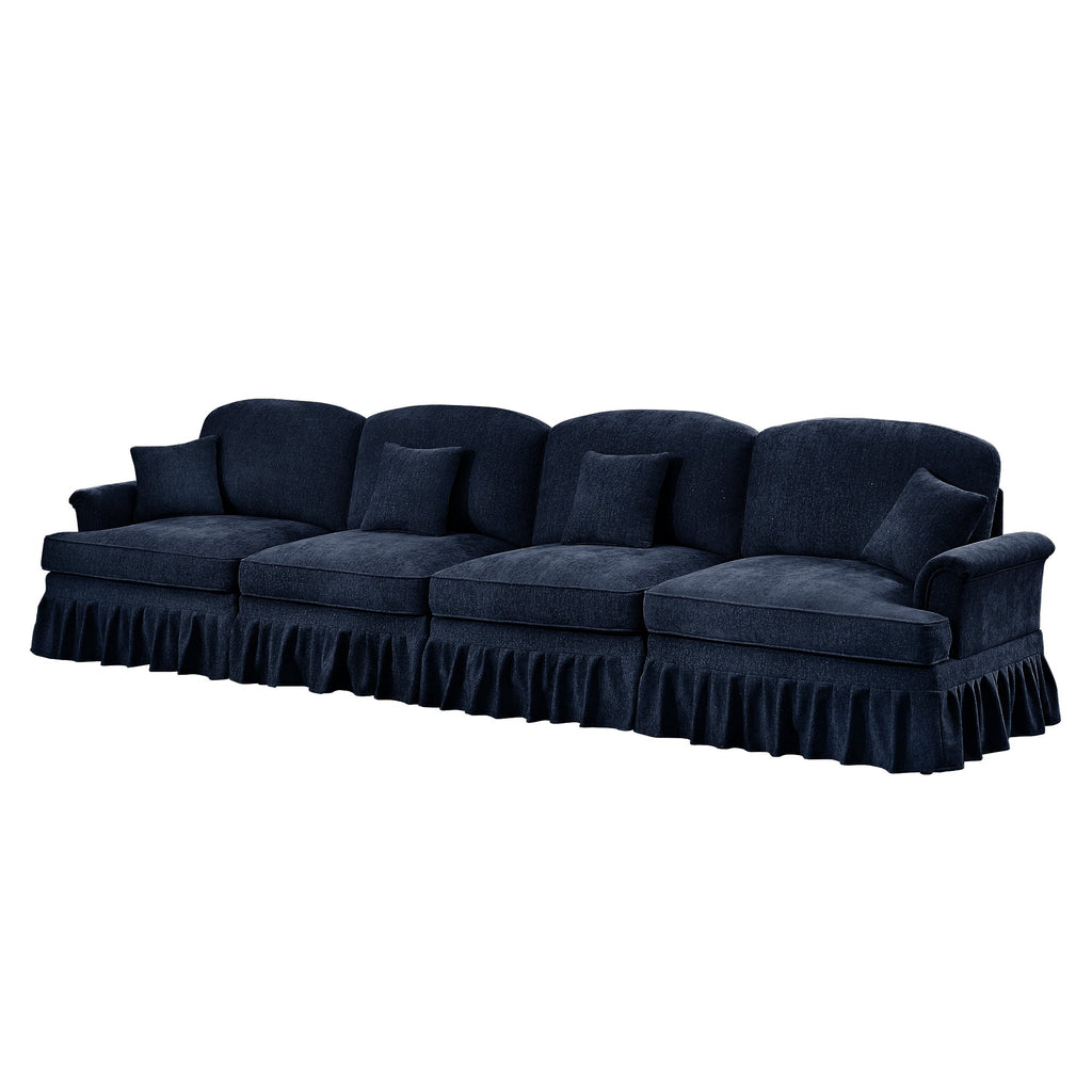 Elegant Mid Century Large 4 Seater Sofa Couch with Flared Arms and Removable Ruffles Pleats Skirts and Spindle Legs, Comfy Chenille Four-Seat Sofa for Living Room, Blue