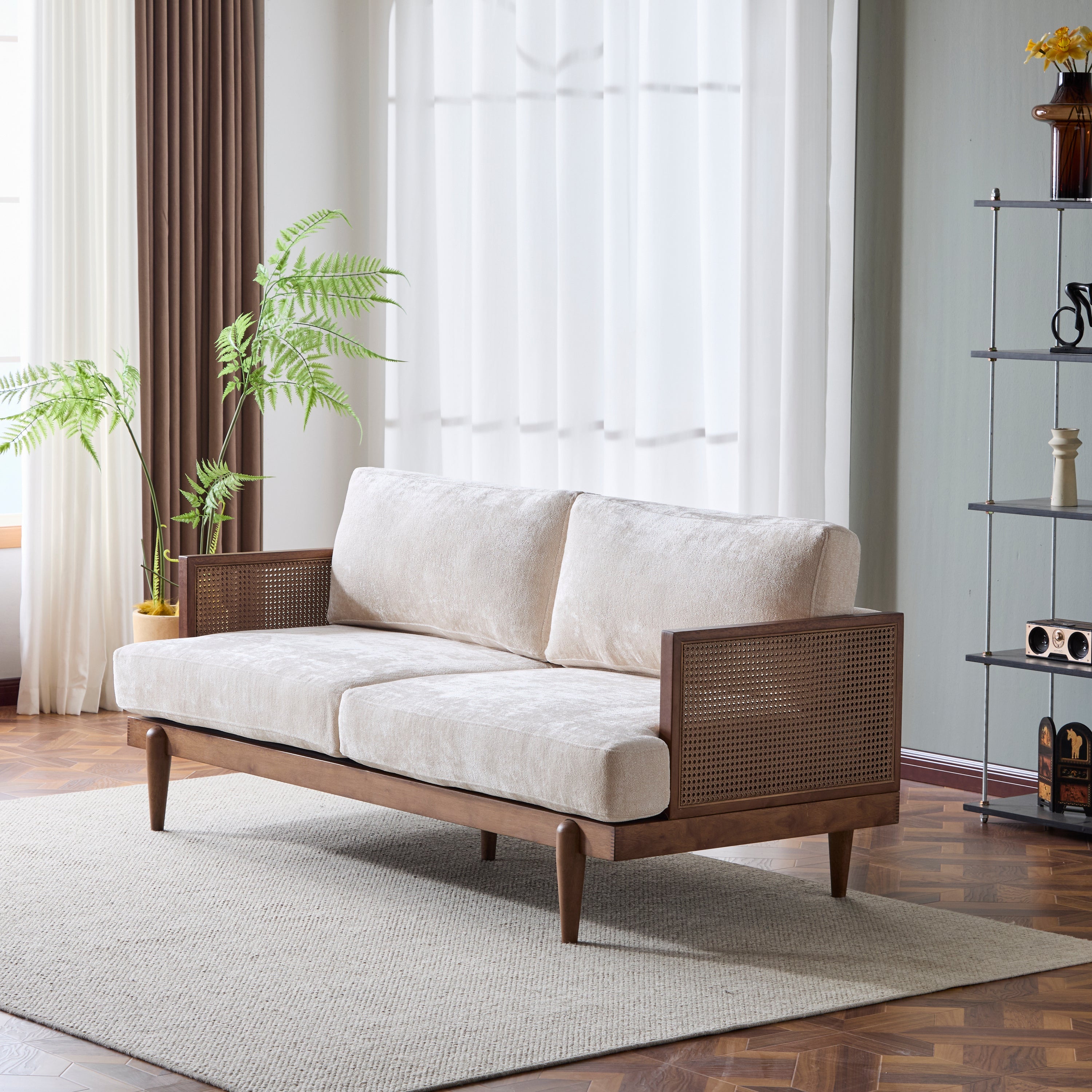 EMIR 72' Square Arm 3-Seater Sofa with Cane Rattan and Wooden Frame,Walnut,,Living Rooms,Bedrooms,Apartment Office