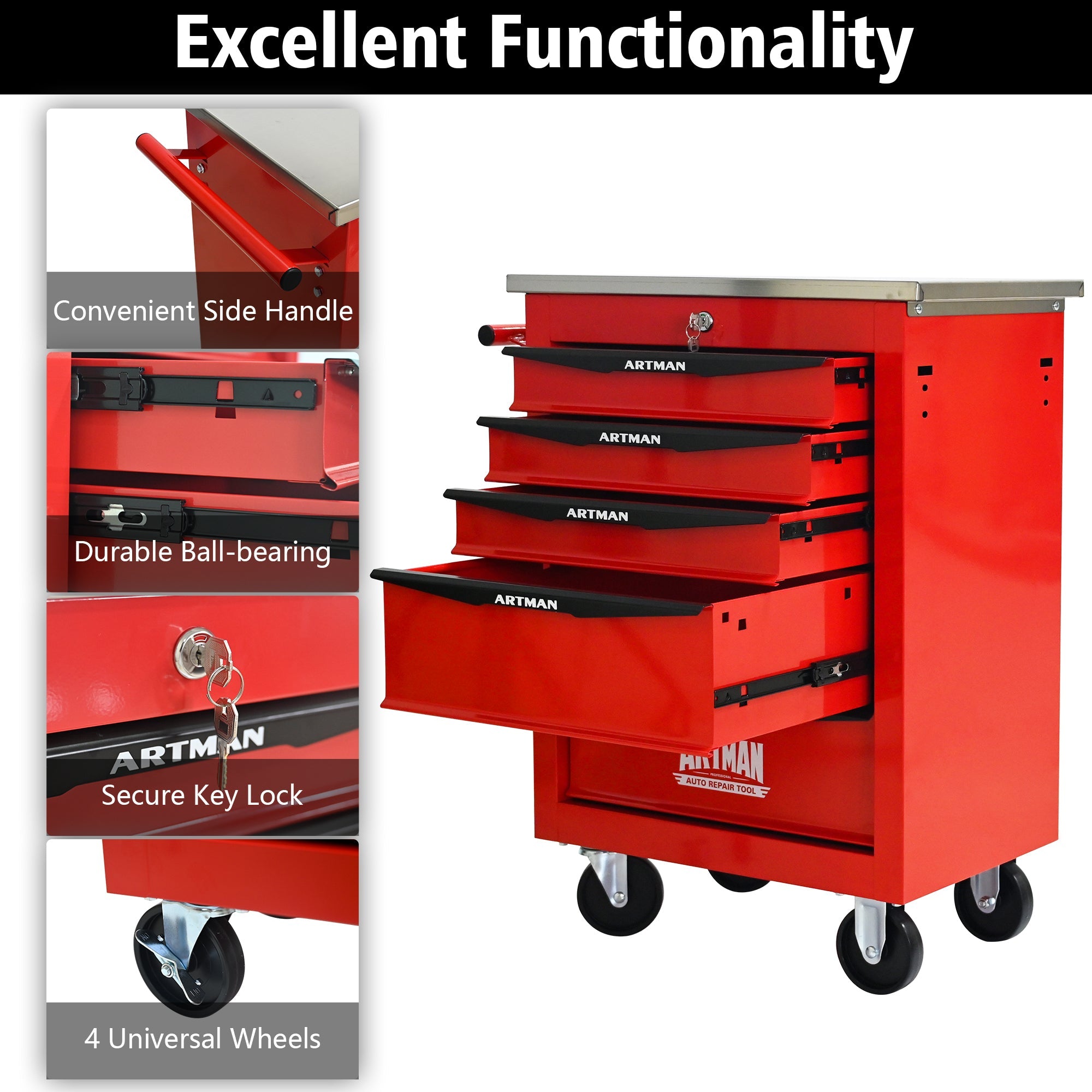 5 Drawers Multifunctional Tool Cart with Wheels,Metal Rolling Tool Cart Storage for Garage Workshop Warehouse Repair Shop--With Stainless Steel Roof--Red&Black