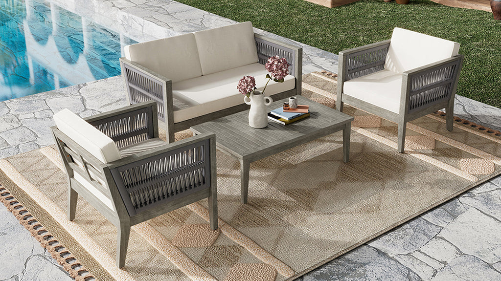 4-Pieces Acacia Wood Patio Furniture Set, Outdoor Furniture with Coffee Table, Patio Conversation Set Deep Seating with Soft Cushion, Porch Chairs for Garden, Backyard Porch Balcony, Grey & Beige