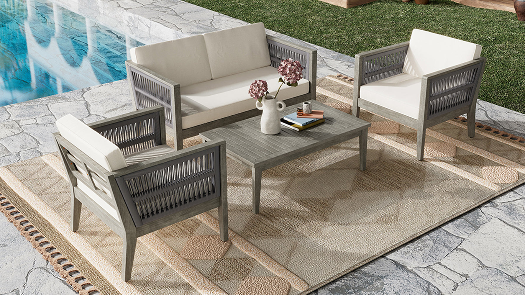 4-Pieces Acacia Wood Patio Furniture Set, Outdoor Furniture with Coffee Table, Patio Conversation Set Deep Seating with Soft Cushion, Porch Chairs for Garden, Backyard Porch Balcony, Grey & Beige