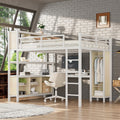 Metal Loft Bed with Wardrobe And L-shaped Desk, Queen Size Loft Bed with Storage Cubes and Shelves, Heavy Duty Loft Bed for Kids Teens Adults, White Wood-grain