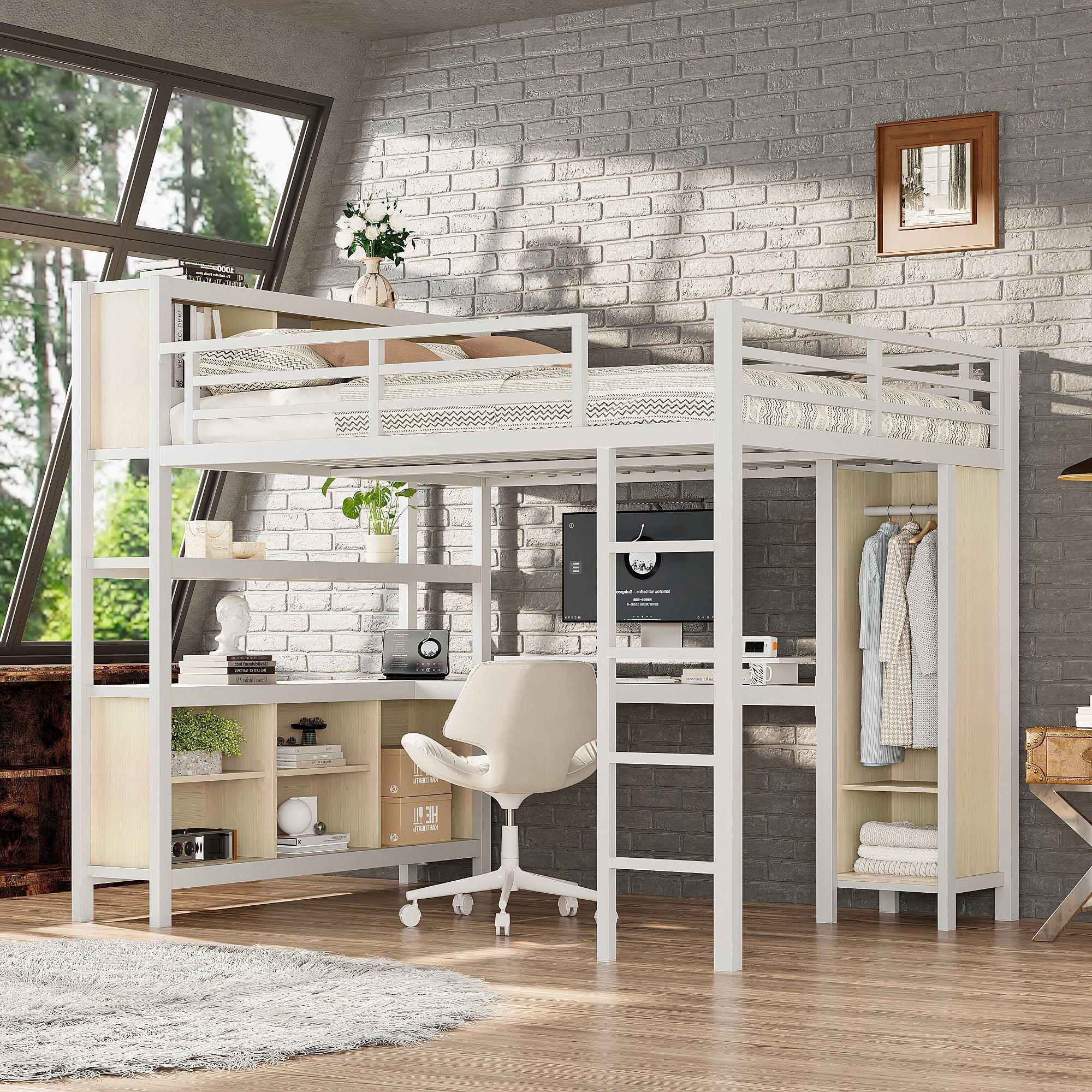Metal Loft Bed with Wardrobe And L-shaped Desk, Queen Size Loft Bed with Storage Cubes and Shelves, Heavy Duty Loft Bed for Kids Teens Adults, White Wood-grain