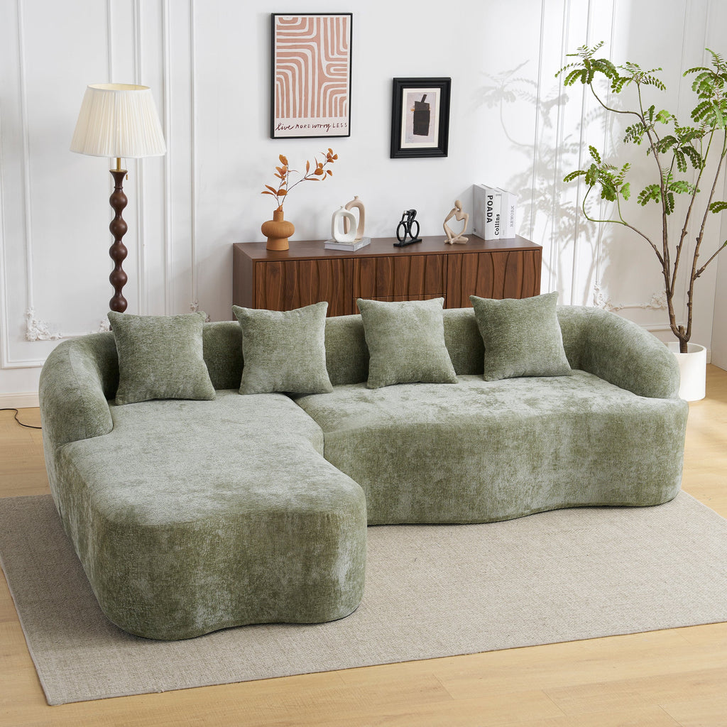 Full Compression L-Shape Sectional Sofa with Curved Chaise, Green Modular Chenille Couch, High-Density for Apartment Living Room