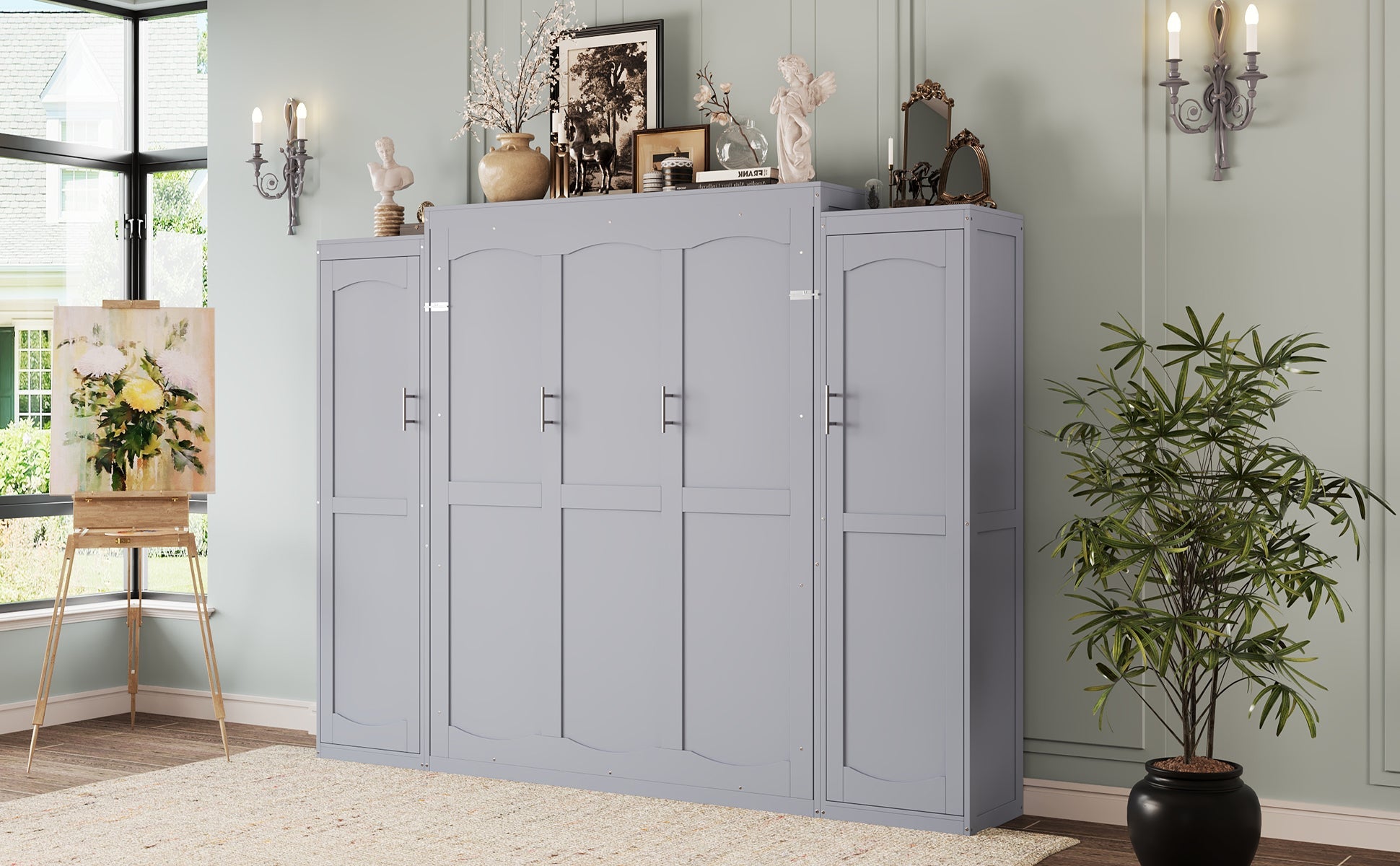 Full Size Murphy Bed, Wooden Full Wall Bed with 2 Wardrobe and Storage Shelf, Multifunctional Foldable Platform Bedframe for Guest-Room, Bedroom, Gray