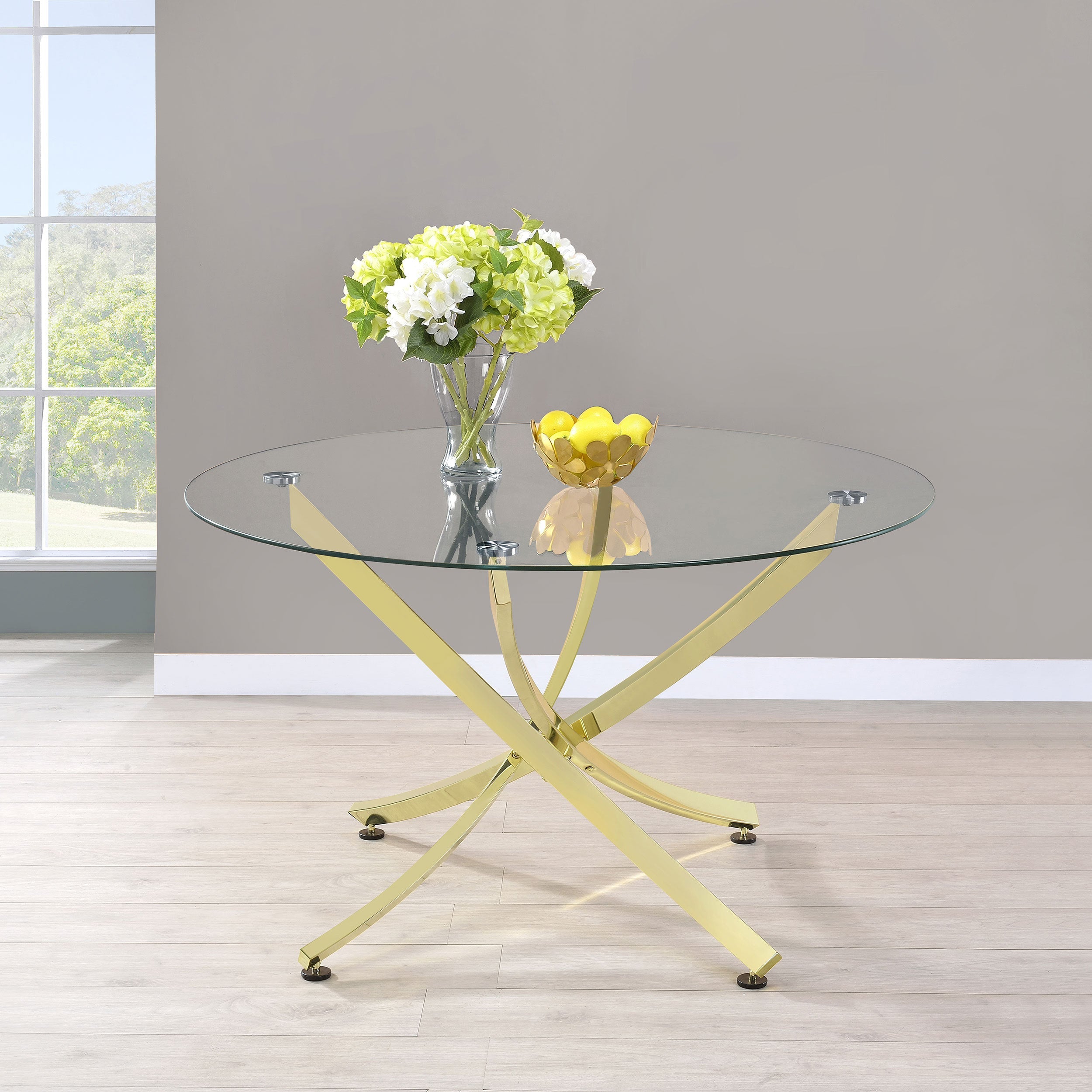 Orlette Brass and Clear Modern Brass Glasstop Dining Table